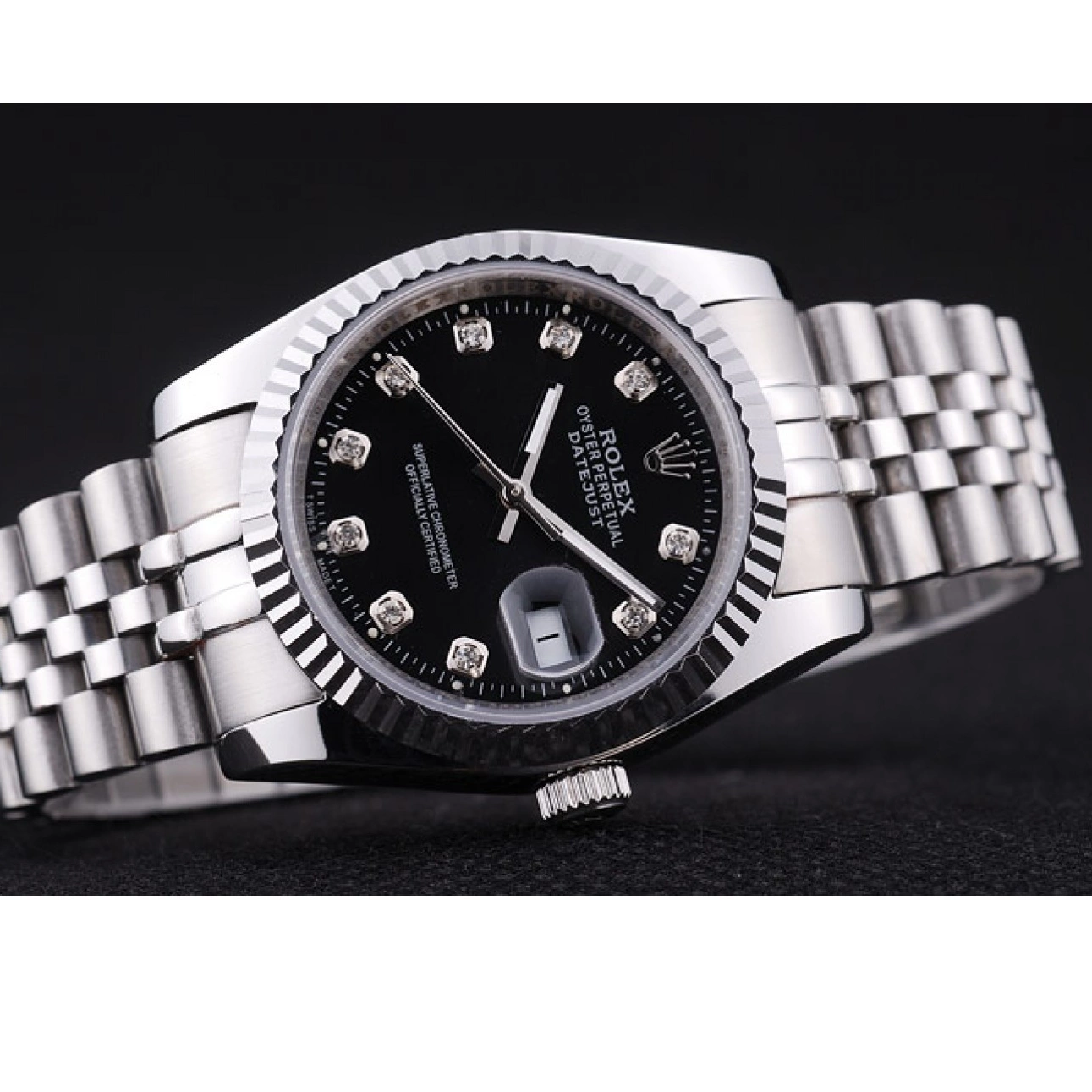 Aaa replica watch Bezel Rolex Dial Datejust Diamonds Black Ribbed 7458 0816